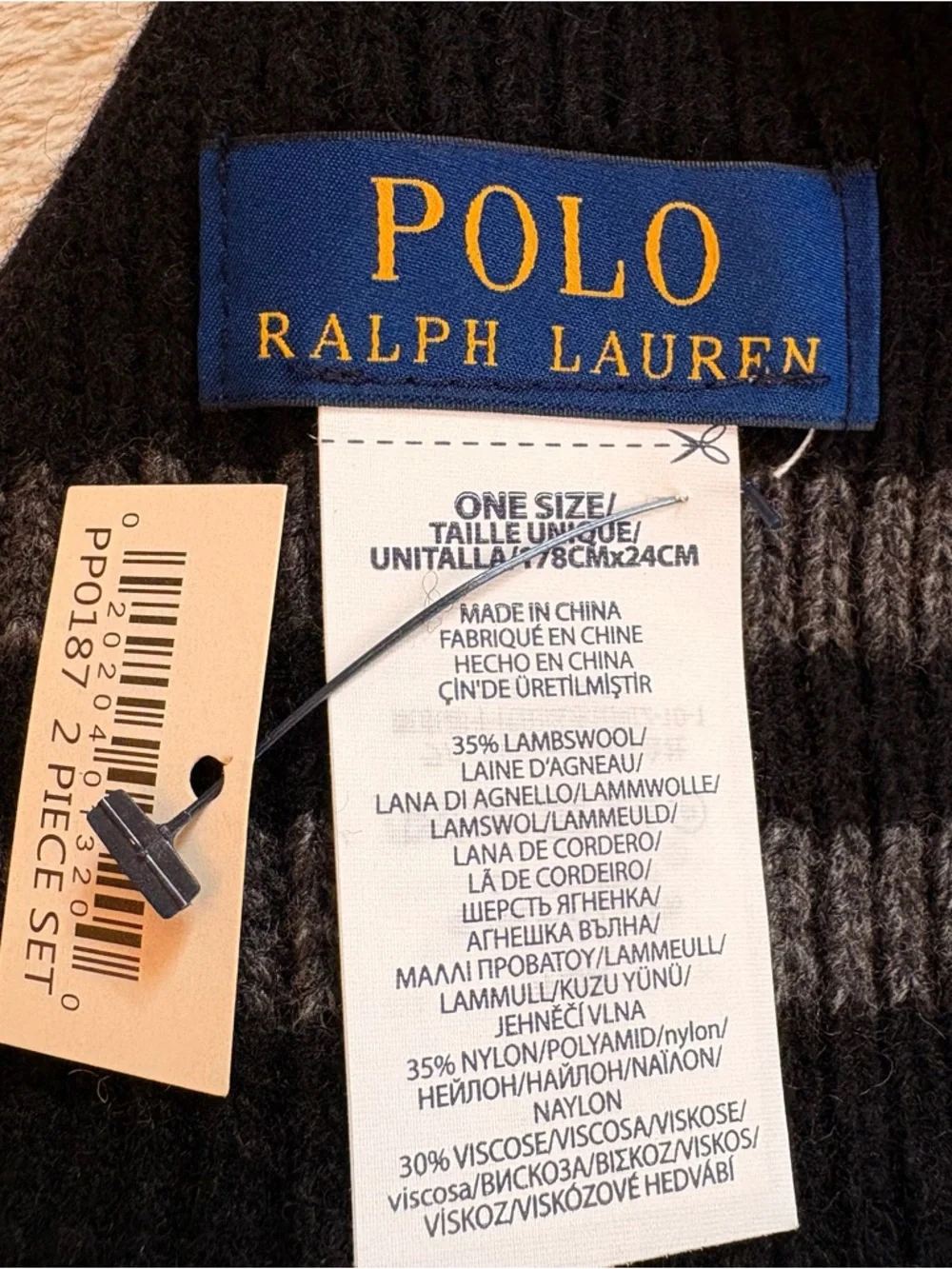 Polo by Ralph Lauren Black Knit Scarf with Gray Stripes Burgundy Logo NWT
